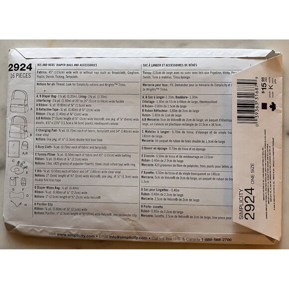 Simplicity Pattern 2924 His & Hers Diaper Bag Changing Pad Burp Cloth Bib Pillow - Picture 6 of 8